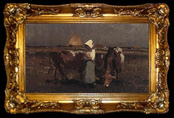 framed  Nicolae Grigorescu Peasant Watching her Cows at Barbizon, ta009-2